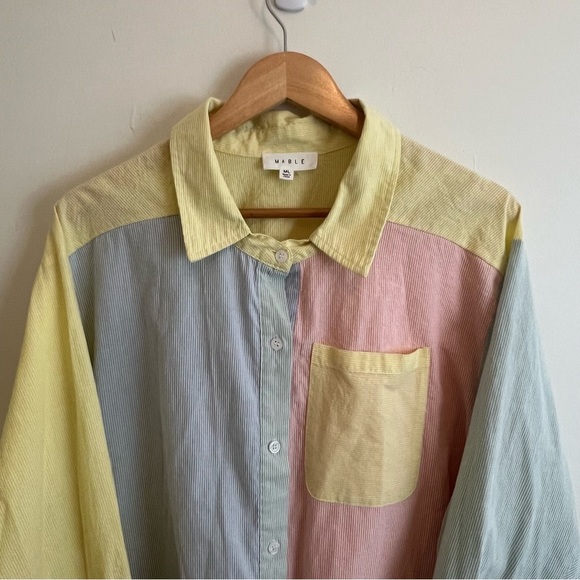 Mable Hazel Color Block Long Sleeve Button Down Shirt Relaxed Fit M/L Pastel - Picture 3 of 9